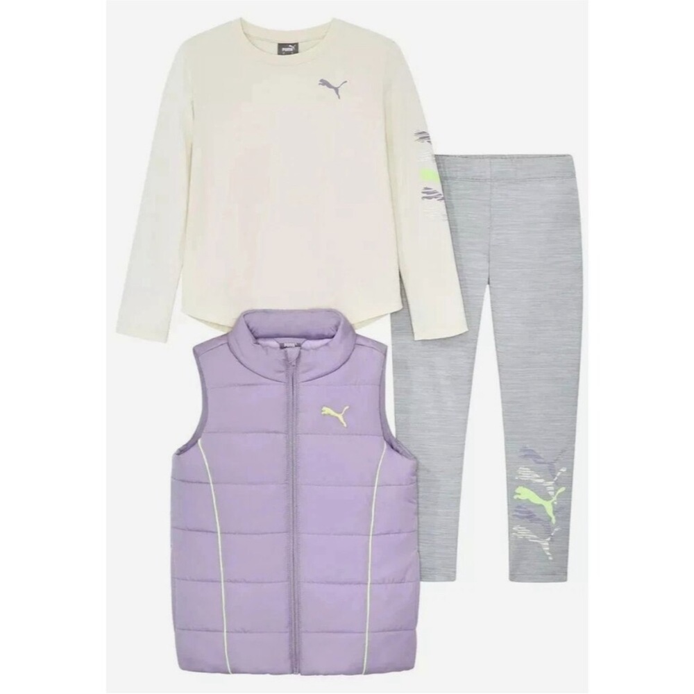 Puma Toddler Girls Size 3T 3 Piece Vest Pant Long Sleeve Shirt Set Purple Gray